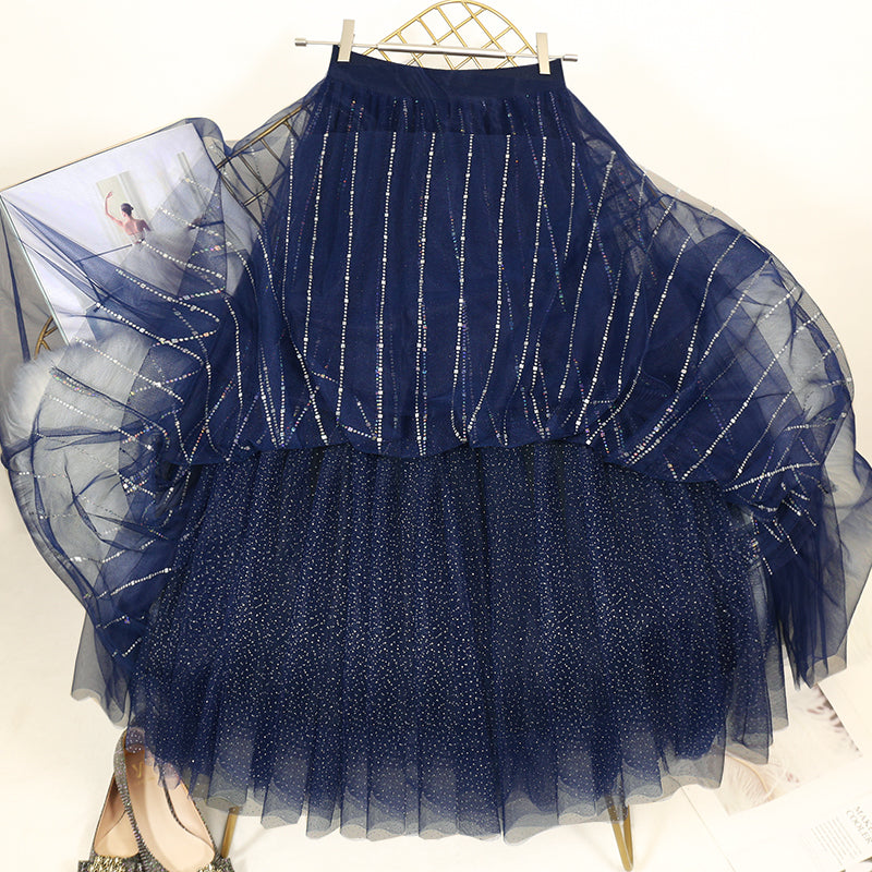 Loose Blue Sequins Tulle Pleated Skirt Summer