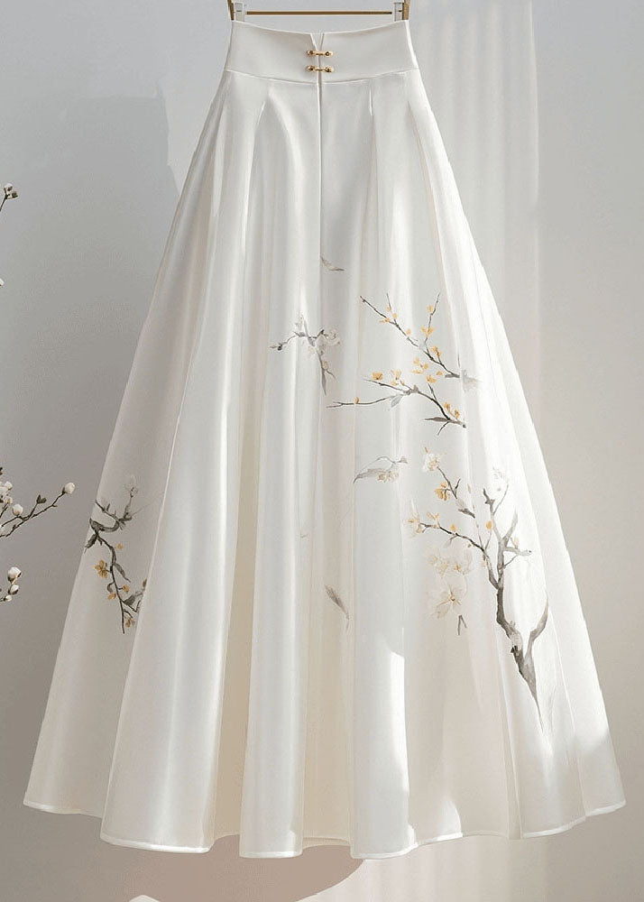 New Retro White High Waist Print Silk a Line Skirt Fall