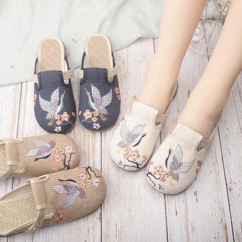 Khaki Embroideried Linen Fabric Slippers Shoes