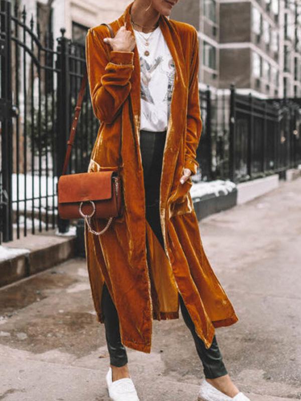 Coats Loose Gold Velvet Long Sleeve Long Cardigan Coats