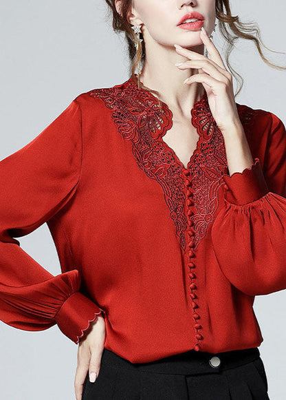 Red V Neck Button Embroidered Patchwork Silk Shirt Top Spring