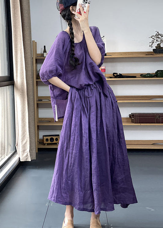 Loose Purple O-neck Tops and Skirts Cotton Two Pieces Set Summer