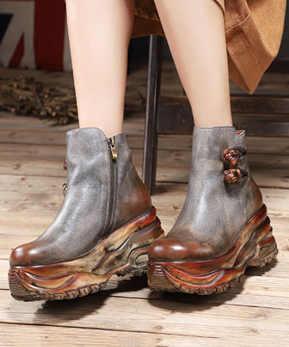 Grey Cowhide Hollow Out Splicing Zipper Leather Boots