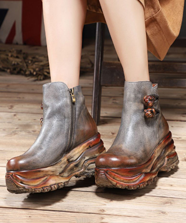 Grey Cowhide Hollow Out Splicing Zipper Leather Boots