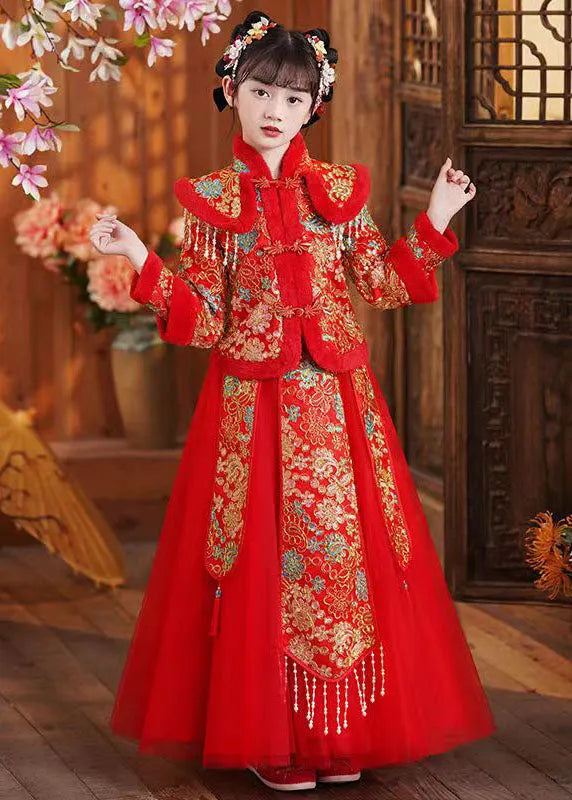 Art Red Embroideried Warm Fleece Kids Coats and Maxi Skirts Two Piece Set Long Sleeve