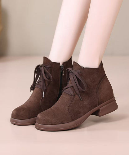 Brown Lace Up Chunky Suede Splicing Boots