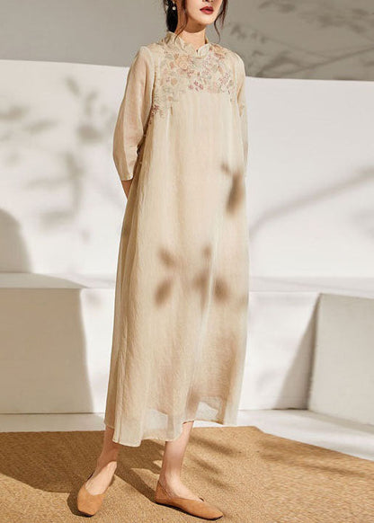 Chinese Style Apricot Stand Collar Embroidered Patchwork Silk Dress Summer