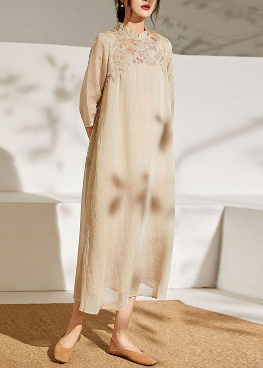 Chinese Style Apricot Stand Collar Embroidered Patchwork Silk Dress Summer