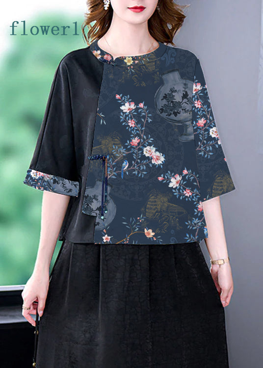 Green O-neck Print Patchwork Top Bracelet Sleeve