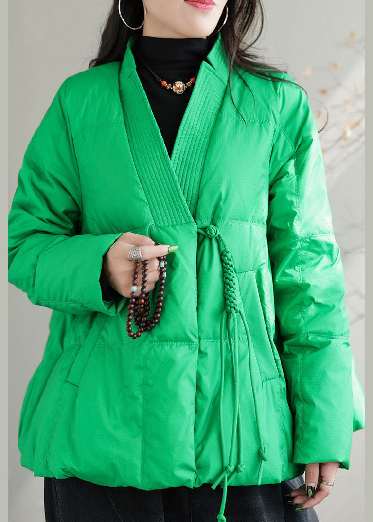 Green V Neck Pockets Duck Down Jackets Winter