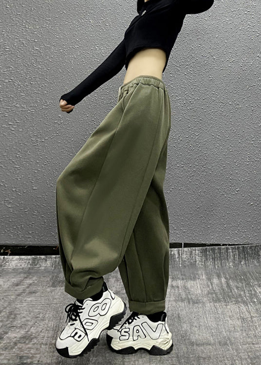 Green Pockets Wrinkled Elastic Waist Cotton Sport Pants Fall