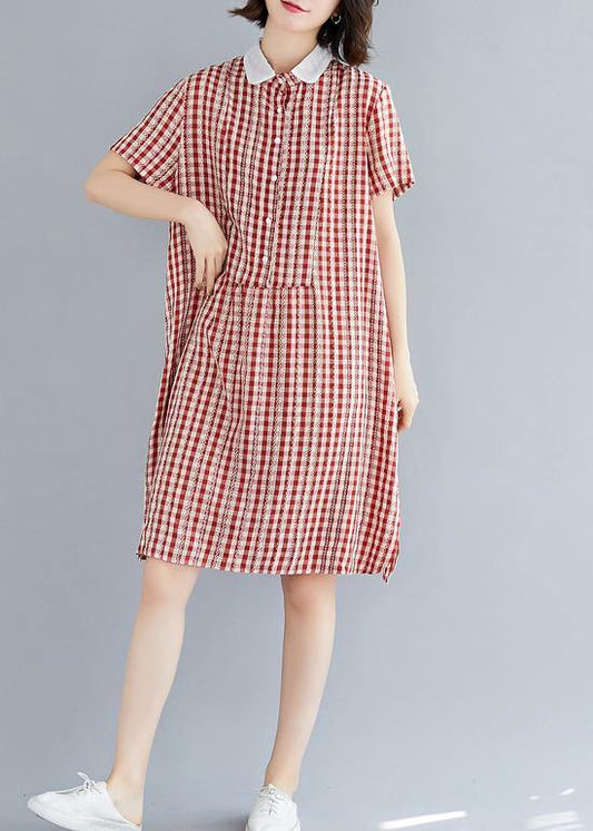 Italian Red Plaid Cotton Tunics Peter Pan Collar Knee Summer Dress