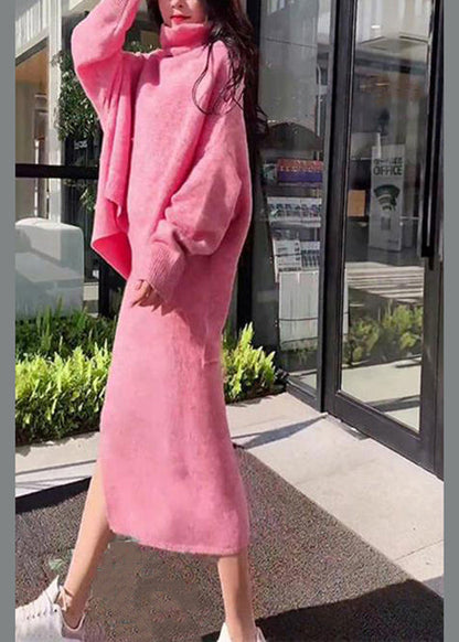 Loose Pink Turtleneck Sweaters and Skirts Knit Two Pieces Set Winter