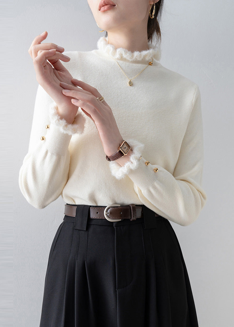 White Ruffled Patchwork Faux Fur Sweaters Winter