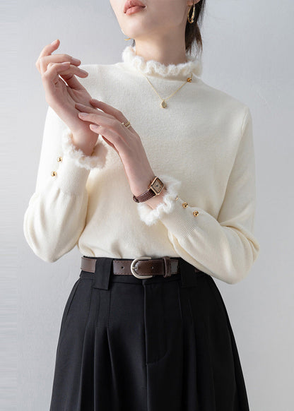 White Ruffled Patchwork Faux Fur Sweaters Winter
