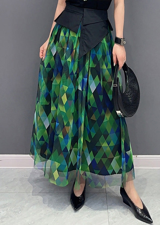 Green Print Patchwork High Waist Tulle Skirts