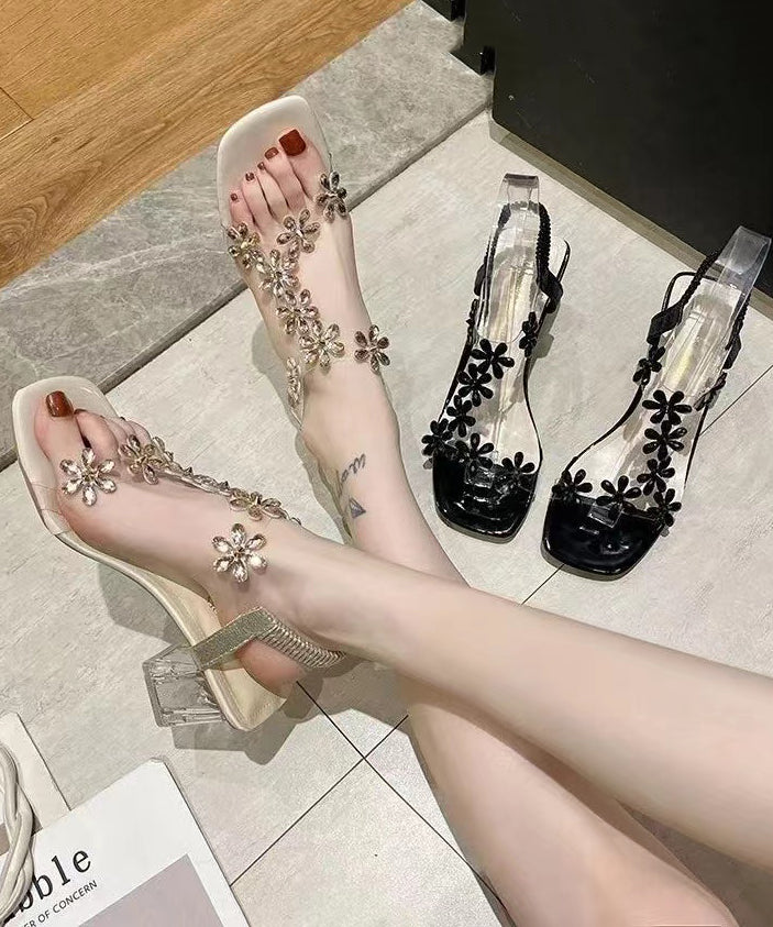 Black Clear Chunky Heels Splicing Sandals Peep Toe