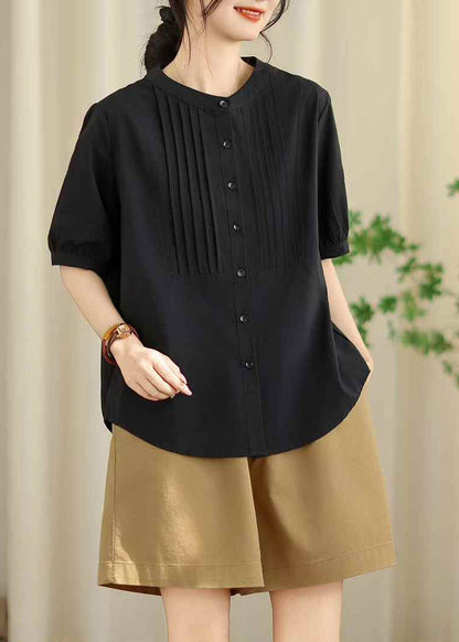 Handmade Black O-neck Wrinkled Cotton Shirt Tops Summer