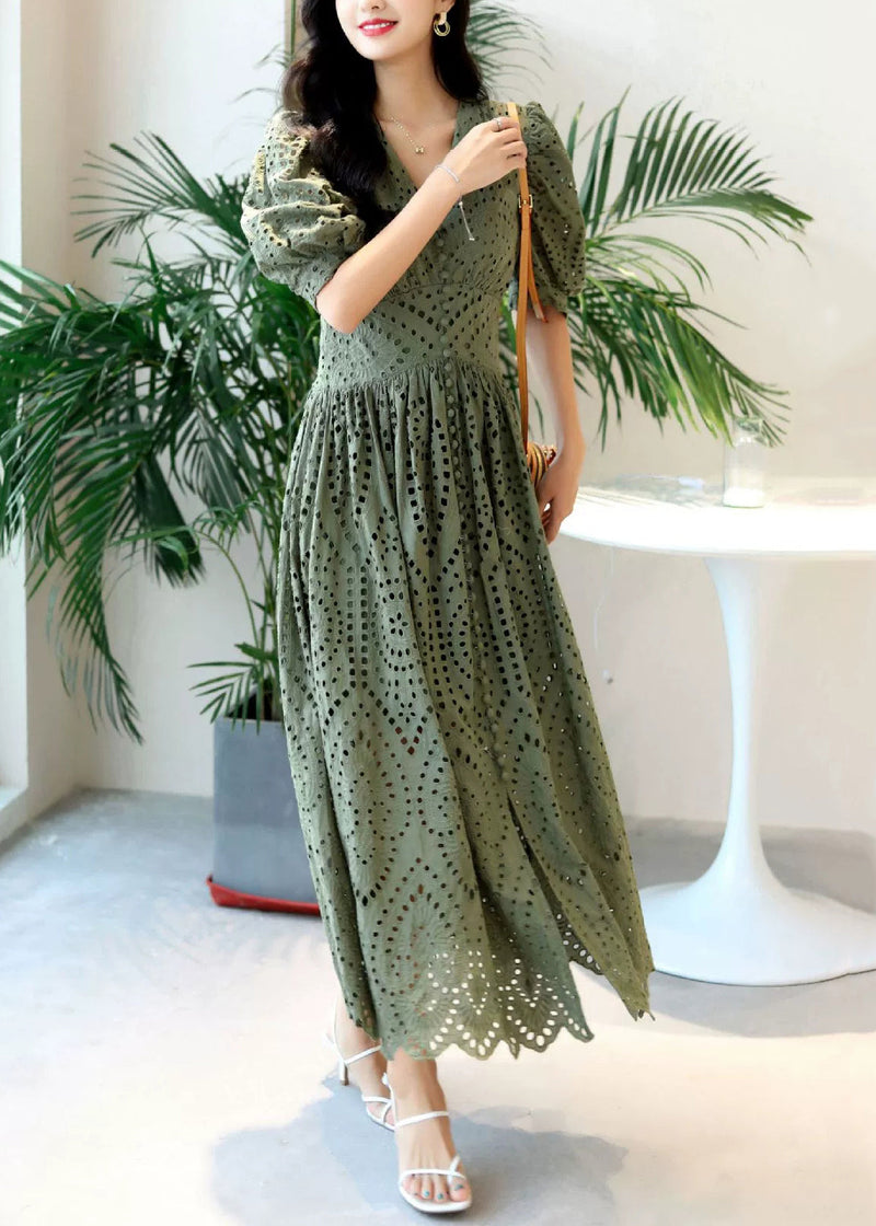Blackish Green V Neck Hollow Out Cotton Dresses Summer