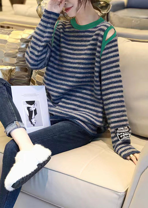 Striped O Neck Hollow Out Patchwork Knit Sweaters Top Fall