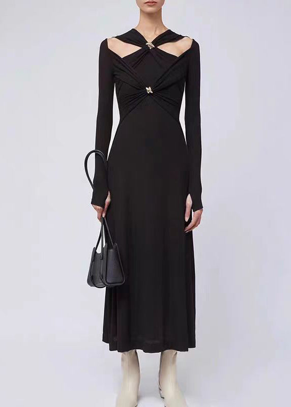 Italian Black Hollow Out Patchwork Cotton Long Dress Fall