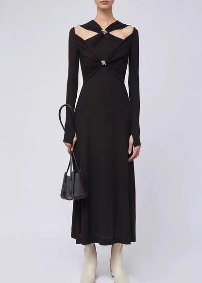 Italian Black Hollow Out Patchwork Cotton Long Dress Fall