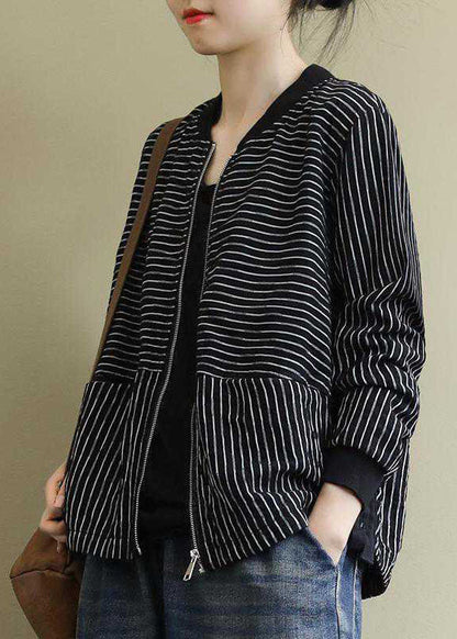 Street Black Striped Zippered Pockets Fall Jacket Long Sleeve