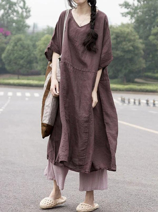 Loose V Neck Patchwork Cotton Linen Clothes for Tutorials Chocolate Dresses