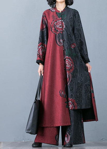 Autumn Large Size Retro Red Print Long Section Cardigan Top Loose Wide Leg Pants Two-piece Suit