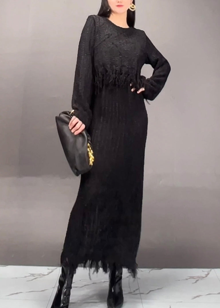 Stylish Brown O-neck Asymmetrical Tassel Top and Maxi Skirts Two Pieces Set Spring