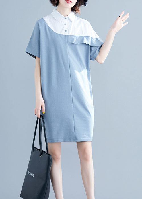 Italian O Neck Patchwork Cotton Tunics Light Blue Dress Summer