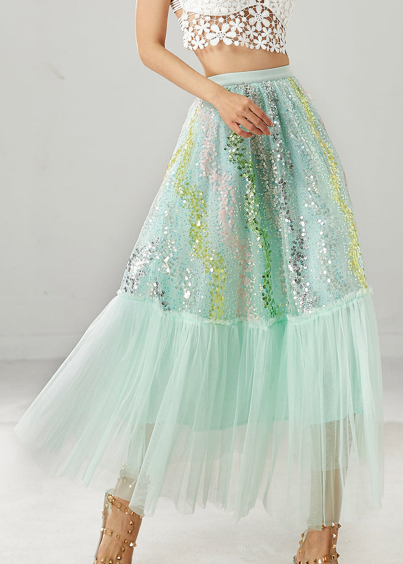 Green Patchwork Tulle a Line Skirts Sequins Spring