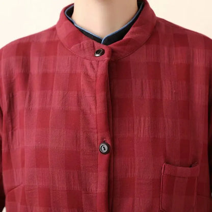 Thick Retro Cotton Linen Plaid Long Coat Dress