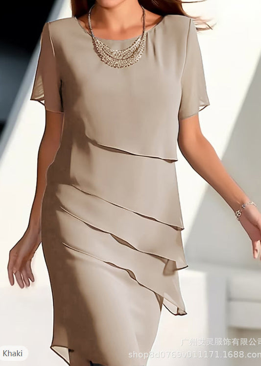 French Khaki O-neck Layered Chiffon Maxi Dresses Short Sleeve