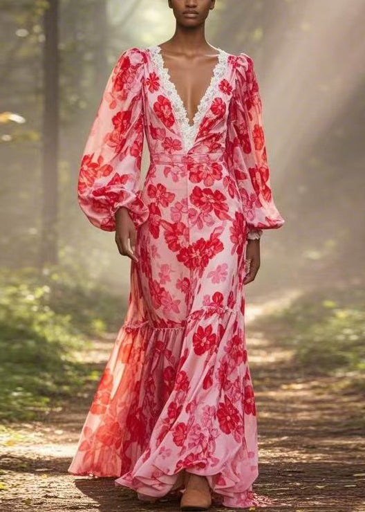 Red V Neck Print Ruffled Chiffon Long Dress Spring
