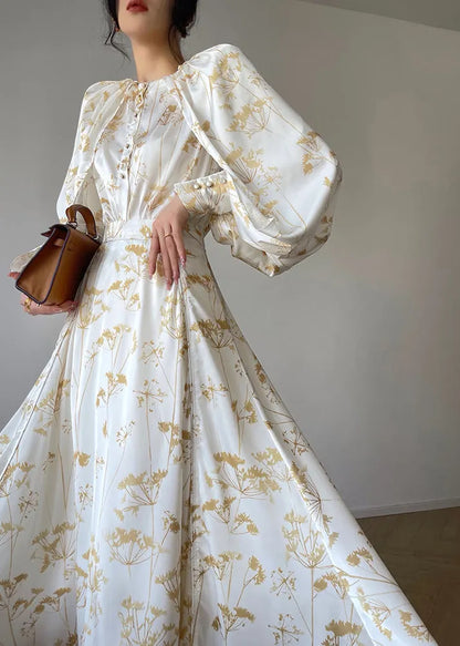 Classy White O-neck Print Silk Chiffon Top and Skirts Two Pieces Set Fall