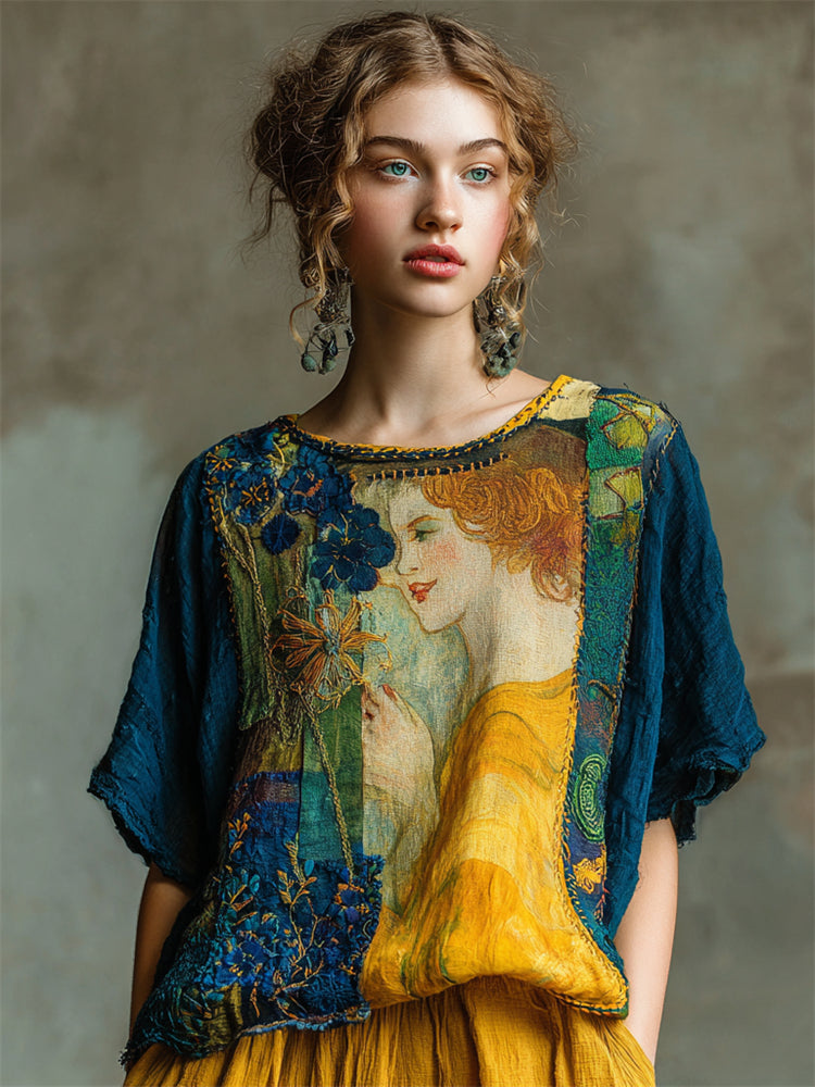 Klimt Painting Inspired Floral Embroidered Patchwork Linen Tunic