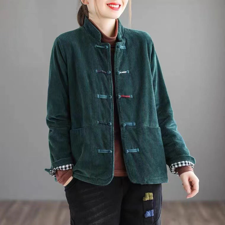 Stand Collar Corduroy Buckle Stripe Thermal Jacket