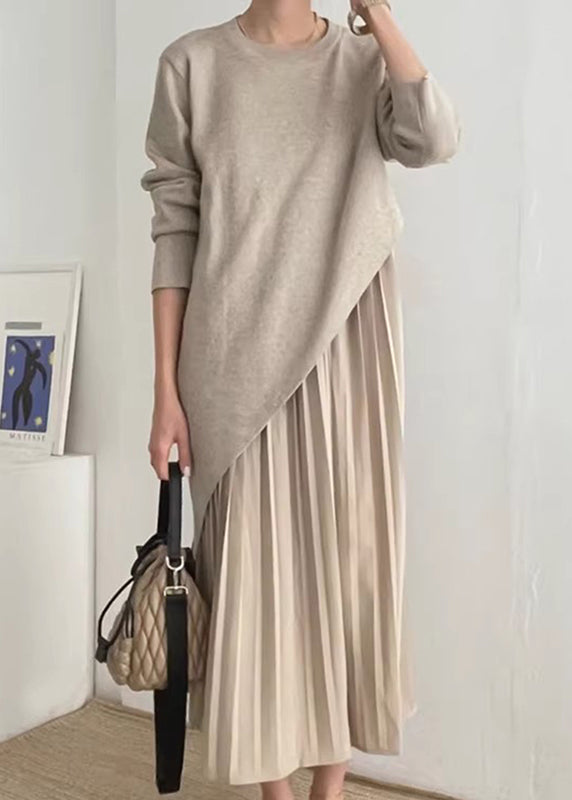 Khaki Asymmetrical Wrinkled Knit Dress Two Piece Set Spring