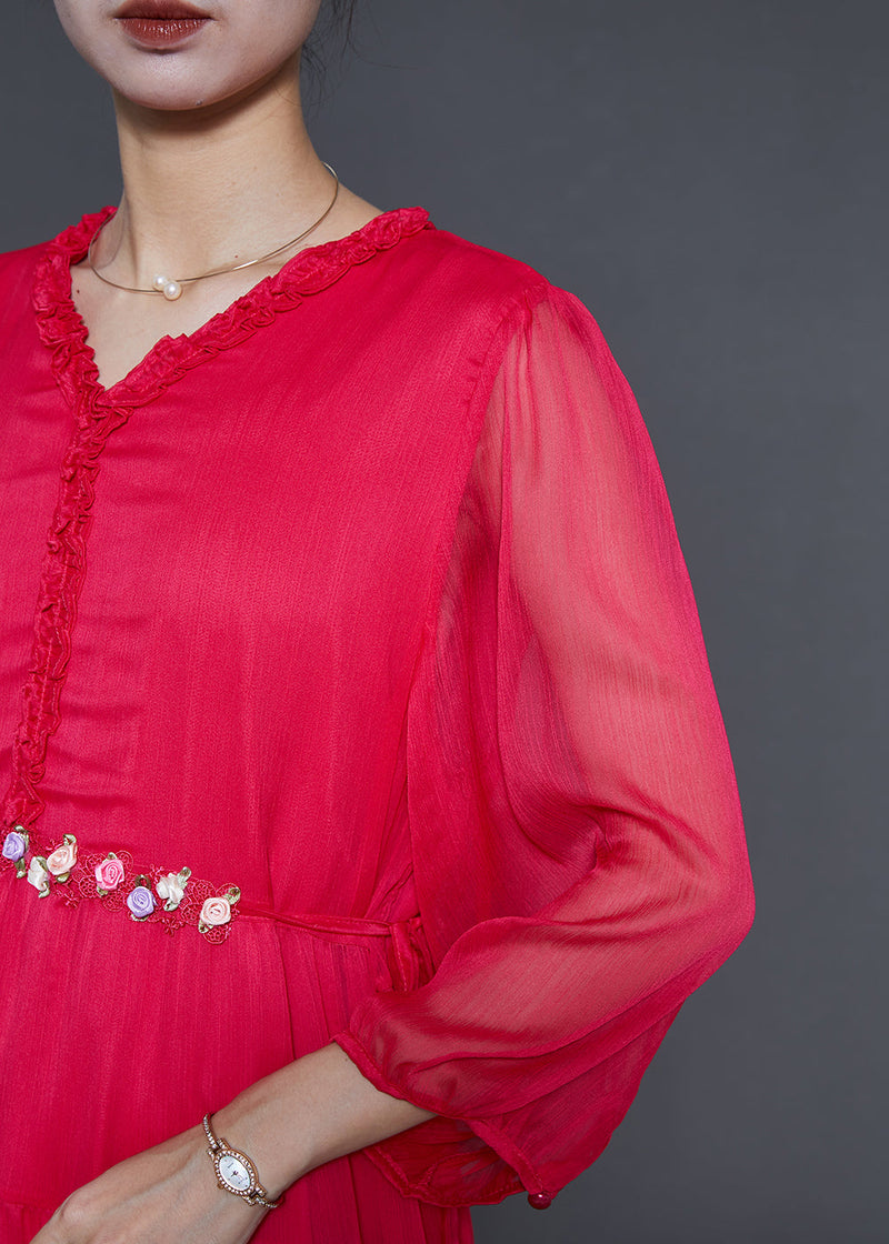 Classy Red Ruffled Silk Beach Dresses Spring
