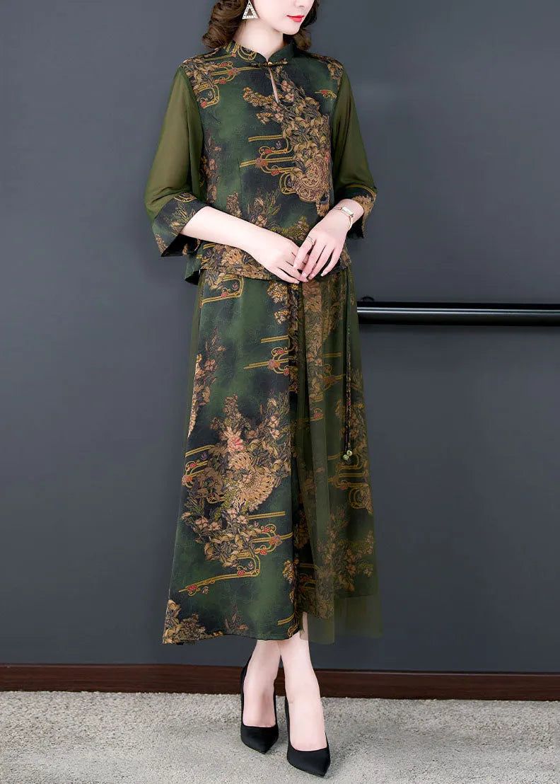 Retro Green Stand Collar Print Tops and Skirts Patchwork Silk Two Piece Set Summer