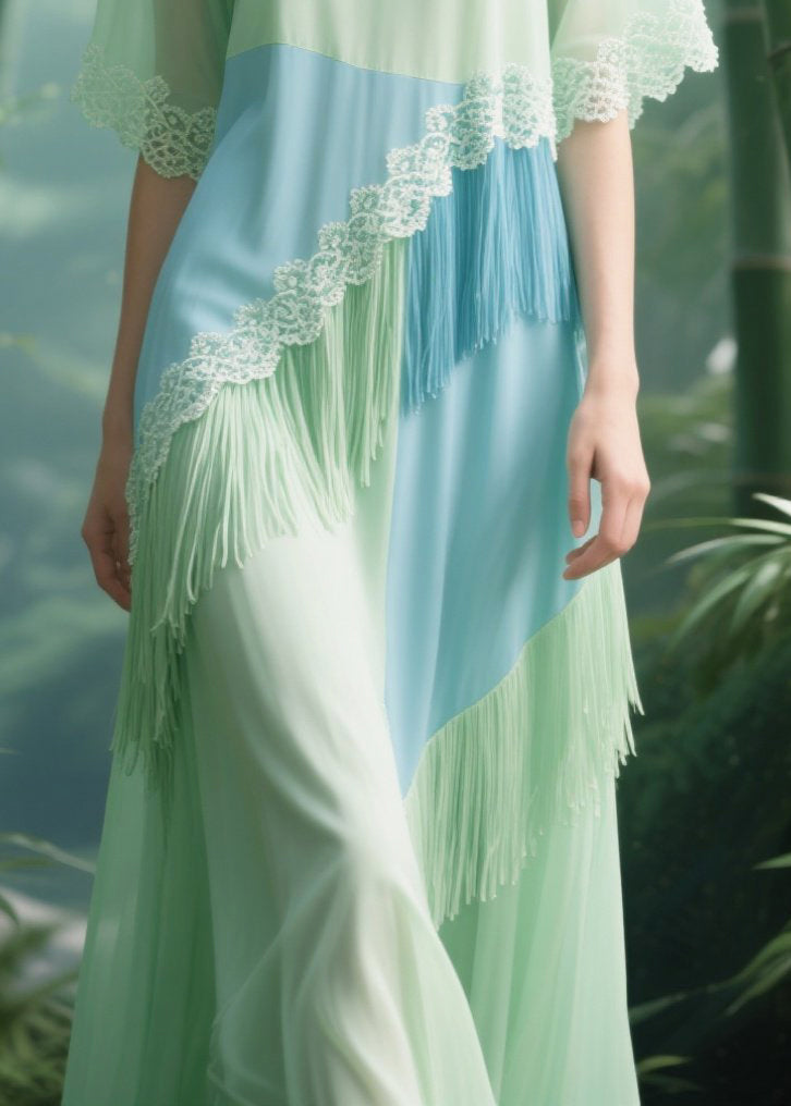 Light Green Tasseled Patchwork Lace Tulle Long Dresses Summer