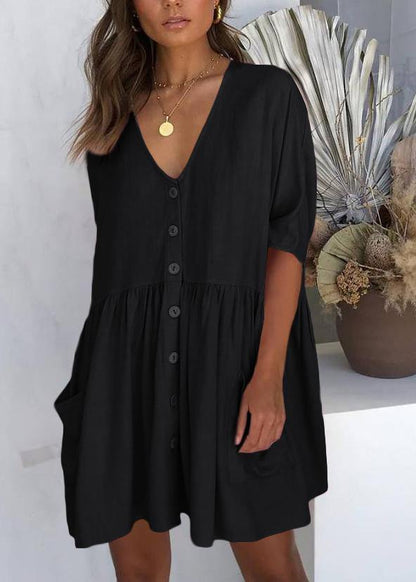 Black Button Cotton Pockets Summer Vacation Dresses