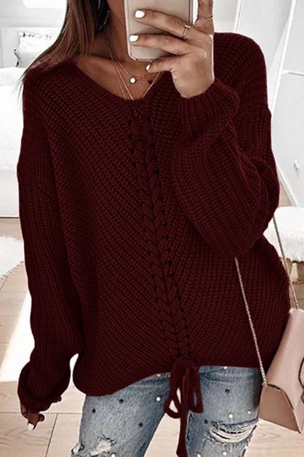 Color Drawstring Knitted Sweater