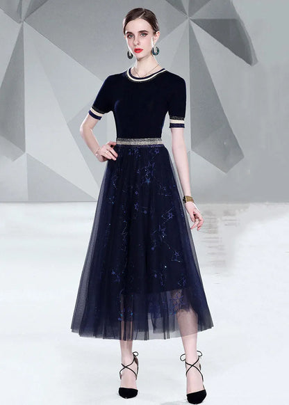 Italian Black O Neck Knit Tops and Tulle Skirts Embroideried 2 Piece Summer