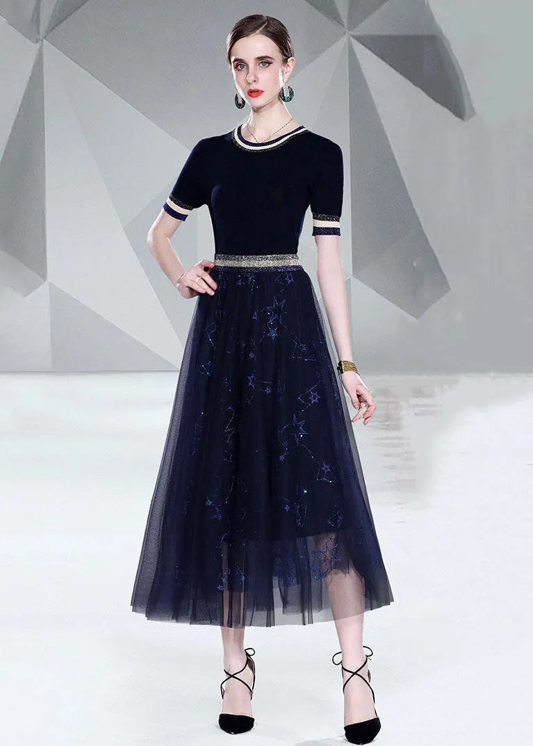 Italian Black O Neck Knit Tops and Tulle Skirts Embroideried 2 Piece Summer