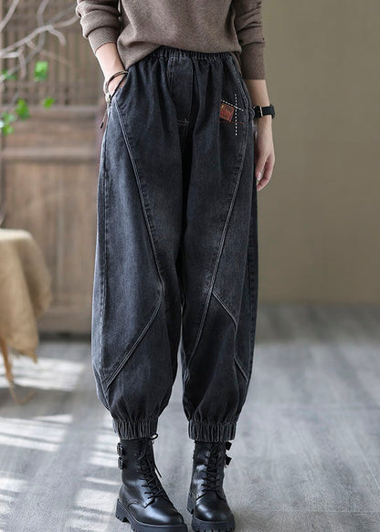 Black Elastic Waist Pockets Denim Pants Spring