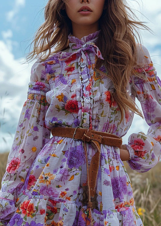 Pastoral Style Ruffled Patchwork Mini Dress Long Sleeved