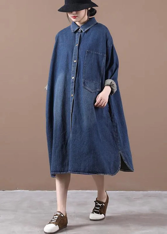 100% Lapel Patchwork Outfit Ideas Denim Blue Long Dress