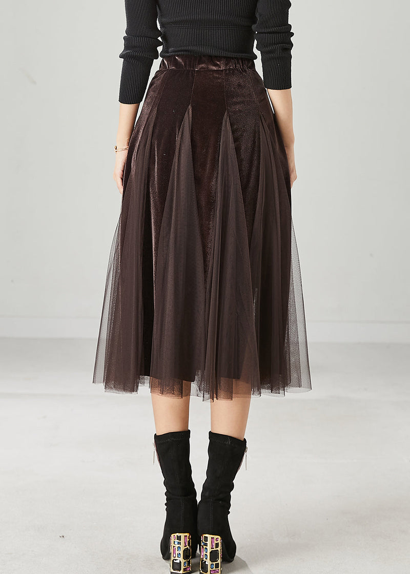 Brown Exra Large Hem Patchwork Tulle Silk Velvet Skirts Spring